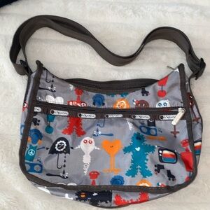 LE SPORTSAC ⭐️ Retro Robots crossbody shoulder bag Gray preowned clean excellent